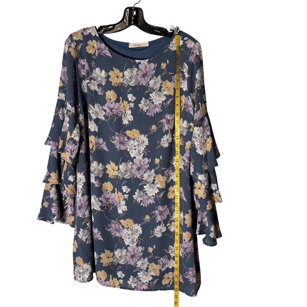 Floral Bell Sleeve Tunic Dress By Rokoko L - Teal Blue, Purple & Yellow - Picture 6 of 11